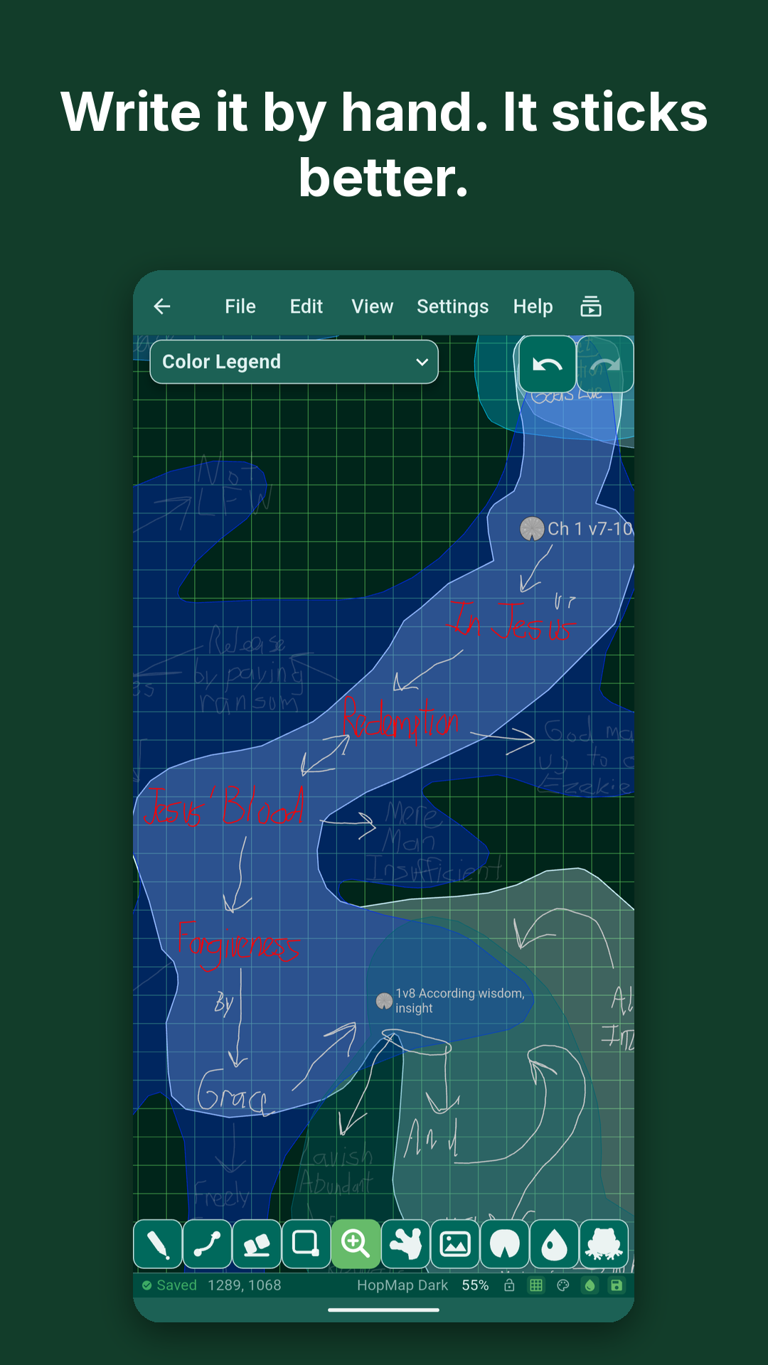 Write it by hand. It sticks better. Handwritten map with arrows and a color legend.